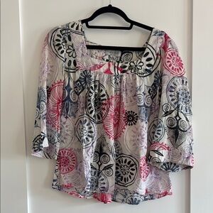 Adam Lippes Black and Pink Smocked 3/4 Sleeve Blouse